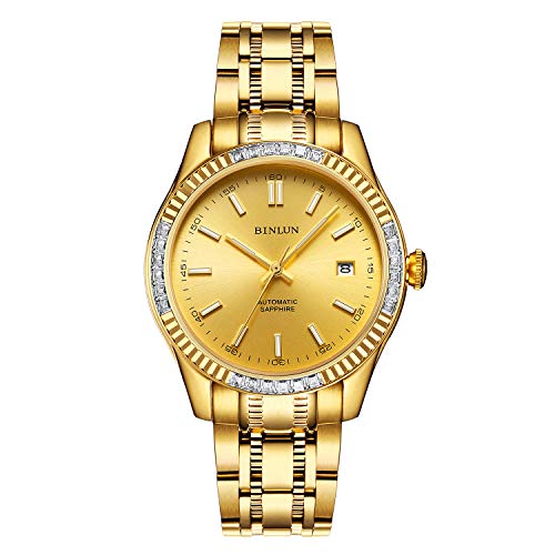 BINLUN Herren Uhren Automatik Mechanische wasserdichte Goldene Herrenuhr 18 Karat Vergoldete Leuchtende Edelstahl Armbanduhren für Männer mit Datum von BINLUN