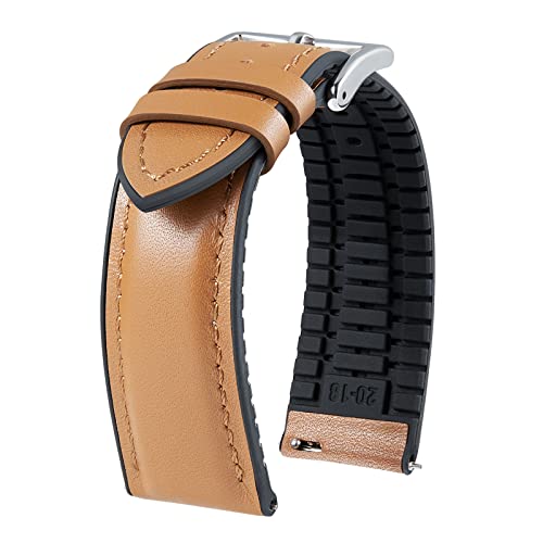 BINLUN Leder Uhrenarmbänder Silikon-Innenfutter Hybrid Elegant Schnellverschluss Lederarmband für Smartwatches Schwarze/Silberne Schnalle 6 Farben Herren Damen（Hellbraun,14mm,Silberne Schnalle von BINLUN