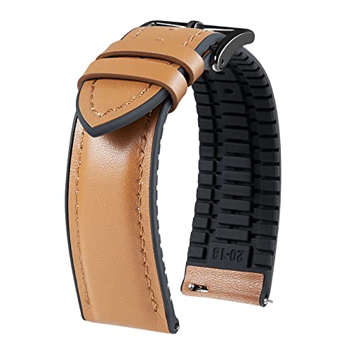 BINLUN Leder Uhrenarmbänder Silikon-Innenfutter Hybrid Elegant Schnellverschluss Lederarmband für Smartwatches Schwarze/Silberne Schnalle 6 Farben Herren Damen（Hellbraun,21mm,Schwarze Schnalle von BINLUN