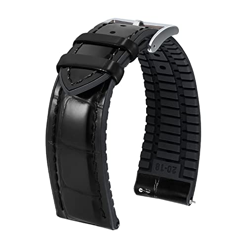 BINLUN Leder Uhrenarmband 22mm 21mm 20mm 19mm 18mm 16mm 14mm Alligator Muster Uhrenarmbänder für Herren Damen Ersatz Schnellverschluss Lederarmband Silikon Hybrid Uhrband(16mm,Schwarz Silber) von BINLUN