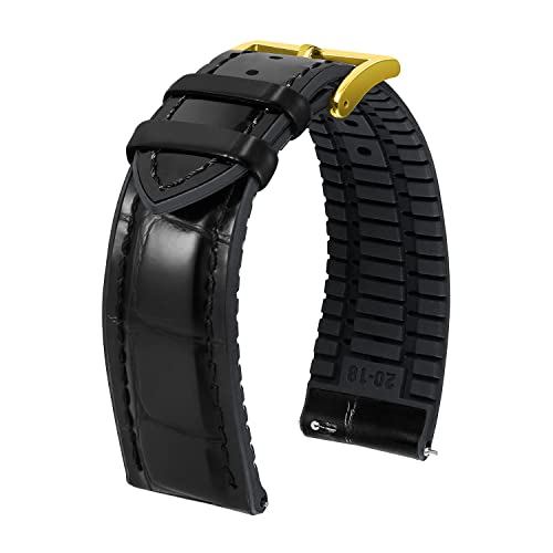 BINLUN Leder Uhrenarmband 22mm 21mm 20mm 19mm 18mm 16mm 14mm Alligator Muster Uhrenarmbänder für Herren Damen Ersatz Schnellverschluss Lederarmband Silikon Hybrid Uhrband(22mm,Schwarz Gold) von BINLUN