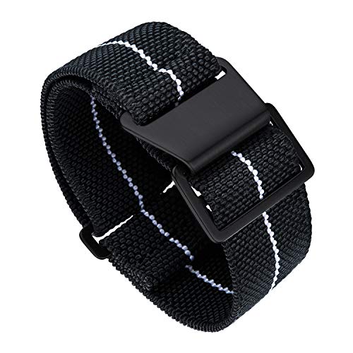 BINLUN Nylon Uhrenarmband Elastic Marinetaucher Fabric Nylon-Armbänder Militär Ersatz-armband Uhr Hakenverschluss mit Schwarz/Silber Damen&Herren 18/20/22mm von BINLUN