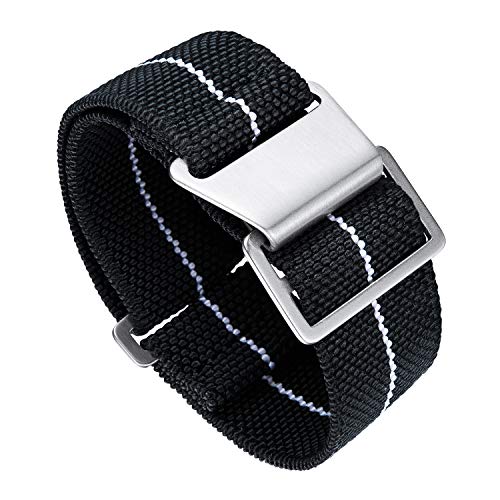 BINLUN Nylon Uhrenarmband Elastic Marinetaucher Fabric Nylon-Armbänder Militär Ersatz-Armband Uhr Hakenverschluss mit Schwarz/Silber Damen&Herren 18/20/22mm von BINLUN