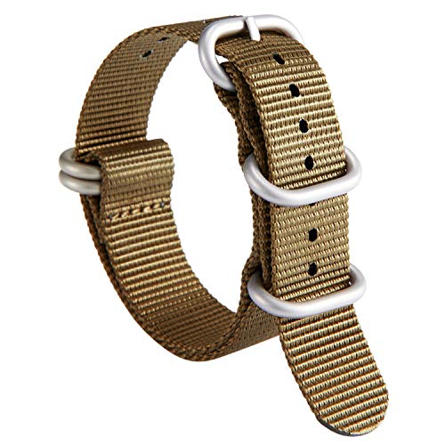 BINLUN Uhrenarmband Nylon Dickes G10 Premium Ballistic Ersatz Armband Mehrfarbige Bänder für Herren Damen mit Heavy Duty 5 Ringe(19mm, Khaki Band Silber Schnalle) von BINLUN