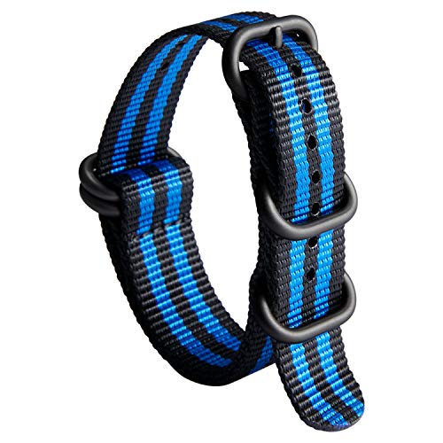 BINLUN Uhrenarmband Nylon Dickes G10 Premium Ballistic Ersatz Armband Mehrfarbige Bänder für Herren Damen mit Heavy Duty 5 Ringe(24mm, Schwarz-Blaue Band Schwarze Schnalle) von BINLUN