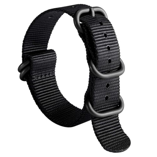 BINLUN Uhrenarmband Nylon Dickes G10 Premium Ballistic Ersatz Armband Mehrfarbige Bänder für Herren Damen mit Heavy Duty 5 Ringe(23mm, Schwarzes Band Schwarze Schnalle) von BINLUN