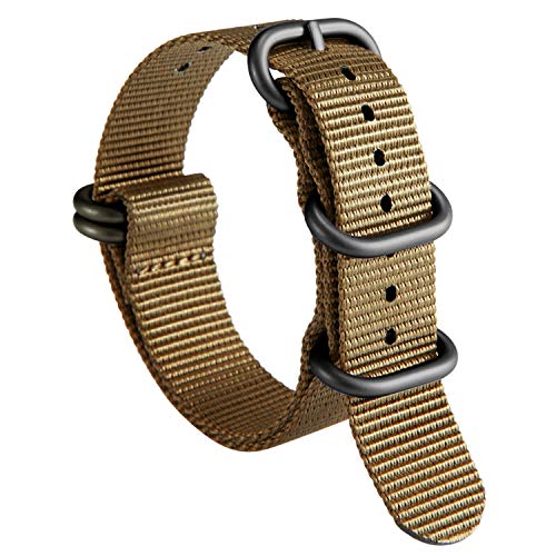 BINLUN Uhrenarmband Nylon Dickes G10 Premium Ballistic Ersatz Armband Mehrfarbige Bänder für Herren Damen mit Heavy Duty 5 Ringe(18mm, Khaki Band Schwarze Schnalle) von BINLUN