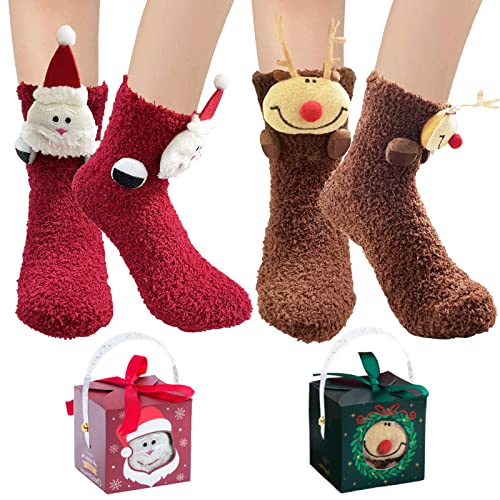 2 Paar Kuschelsocken Damen Geschenk für Frauen , Weihnachtssocken Weihnachtsgeschenke für Frauen , Kuschelsocken Antirutschsocken damen , Flauschige socken mit Geschenk Box von BINXWA