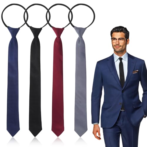 BINYI Krawatten für Herren Tie Set 4 Stück Krawatte Schlips Schwarz Grau Dunkelblau Rot Schmal Krawatte Seide mit Gummizug Reißverschluss Kinderkrawatte für Herren Jungen Kinder Sicherheitskrawatte von BINYI