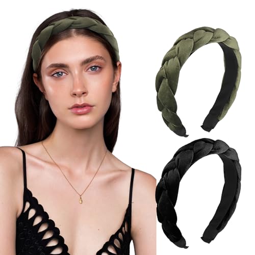 Haarreif Samt Geflochten Haarreifen Damen Stirnband Breit Haarband Vintage Gepolsterte Haarreifen Mode Stirnbänder Haarschmuck Kopfband für Frauen Mädchen (Grün+Schwarz) von BINYI