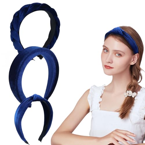 Haarreif Samt Geflochten Haarreifen Damen Stirnband Breit Haarband Vintage Gepolsterte Haarreifen Mode Stirnbänder Haarschmuck Kopfband für Frauen Mädchen Blau 3Pcs von BINYI