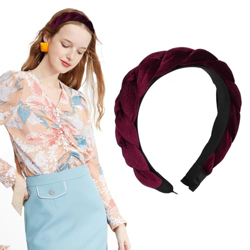 Haarreif Samt Geflochten Haarreifen Damen Stirnband Breit Haarband Vintage Gepolsterte Haarreifen Mode Stirnbänder Haarschmuck Kopfband für Frauen Mädchen Rot von BINYI