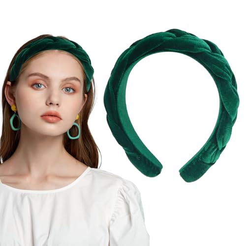 Haarreif Samt Geflochten Haarreifen Damen Stirnband Breit Haarband Vintage Gepolsterte Haarreifen Mode Stirnbänder Haarschmuck Kopfband für Frauen Mädchen (Dunkelgrün) von BINYI