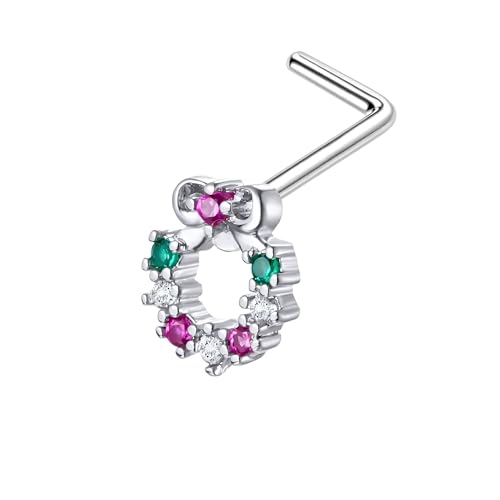 BIO PIERCING Silver Plated L-Shaped Nose Ring Stud with Christmas Ornament and CZ, Dainty Diamond Nose Hugger Stud with CZ L-Post Pin Jewelry - Silver von BIO PIERCING