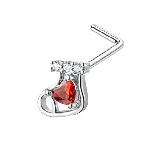 BIO PIERCING Silver Plated L-Shaped Nose Ring Stud with Christmas Sock and CZ, Dainty 18G Nostril Stud with CZ L-Post Ring Jewelry - Silver von BIO PIERCING