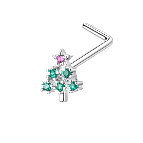 Silver Plated L-Shaped Nose Ring Stud with Christmas Tree and CZ, Dainty Small 18G Nose Ring with CZ Pin and L-Post Piercing Jewelry - Silver von BIO PIERCING