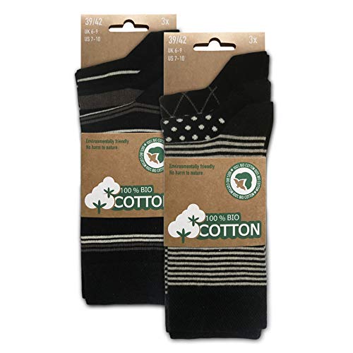 BIOBASICS Herren 100% BIO Baumwolle Socken Sensitiv Komfortbund Business-Socken ohne Gummi (6 Paar) Schwarz Muster 39-42 von BIOBASICS