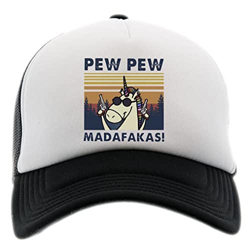BIOCLOD Pew Pew Madafakas Crazy Unicorn Männer Frauen Unisex Baseball Kappe Schwarz Weiss Men Women Cap Black White von BIOCLOD