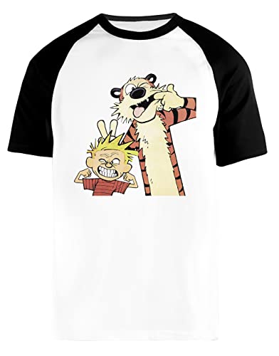 Calvin and Hobbes Männer Frauen Unisex Baseball T-Shirt Weiß Schwarze Kurz Ärmel Rundhals Men Women White Round Neck L von BIOCLOD