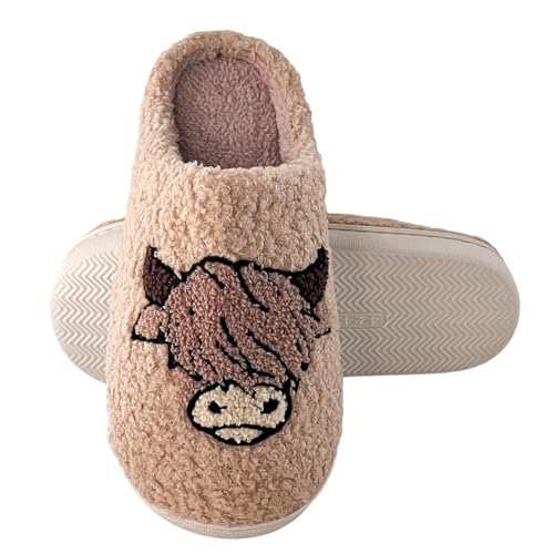 BIOECEUA Highland Kuh-Hausschuhe für Damen und Herren, weicher, flauschiger Plüsch-Hausschuh, warme, bequem gemütliche Damen-Winterschuhe für drinnen und draußen von BIOECEUA