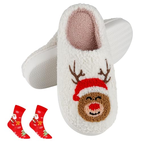 BIOECEUA Weihnachts hausschuhe mit Socken für Damen und Herren, weiche, flauschige Plüsch-Hausschuhe, warme, gemütliche Winter-Schlafzimmerschuhe für Damen für drinnen und draußen von BIOECEUA