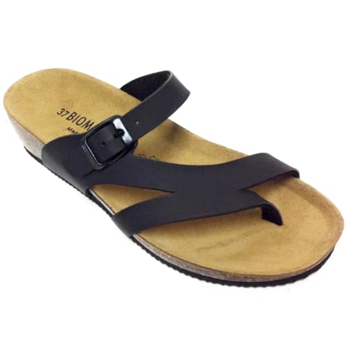 BIOMODEX CIABATTE Damen-Flip-Flops aus Kunstleder SELLY mit Schnalle 6021 Ledersohle offene Hausschuhe Made in Italy, Schwarz , 41 EU von BIOMODEX CIABATTE