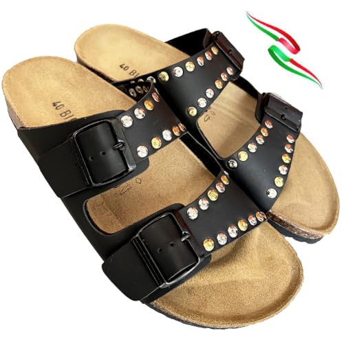 Biomodex Sandalen CUSTOM Nieten Damen Doppelschnalle Kunstleder Nieten Metall Gold und Silber Effekt gehämmert glänzend, Schwarz , 37 EU Biomodex Sandalen CUSTOM Nieten Damen Doppelschnalle Kunstleder Nieten Metall Gold und Silber Effekt gehämmert glänzend, Schwarz , 37 EU von BIOMODEX CIABATTE