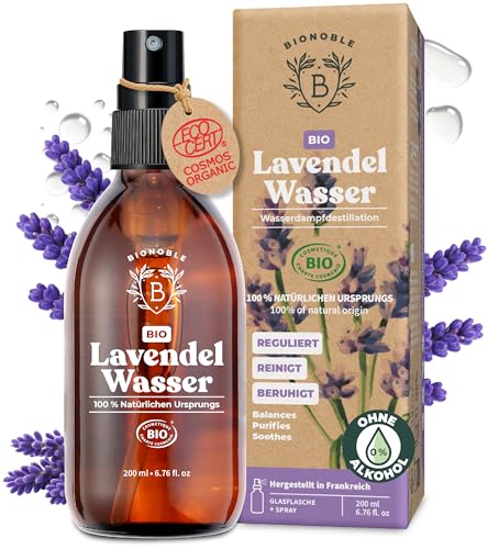 BIONOBLE Lavendelspray Für Kopfkissen - Ohne Alkohol, 100% Natürlichen Ursprungs, Dermatologisch Getestet - Lavendelwasser Bio für Haut, Raumspray - Hydrolat in Glasflasche mit Zerstäuber - 200ml von BIONOBLE