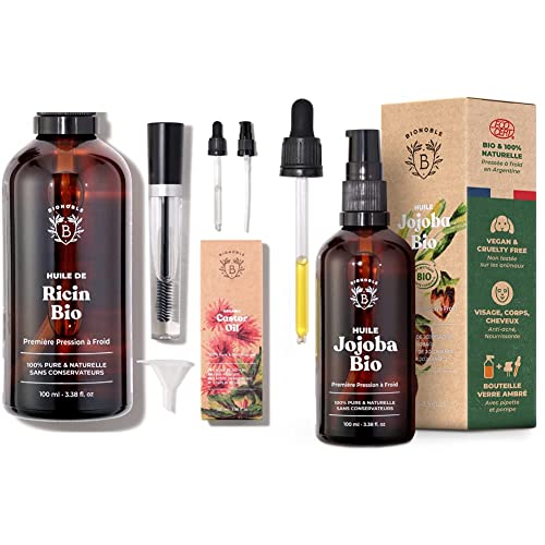 Bionoble Jojobaöl Bio 100ml & Rizinusöl Bio 100ml - Wimpern, Augenbrauen, Haare, Bart, Nägel - Vegan und Cruelty Free - Castor Oil - Glasflasche + Pipette + Pumpe + Mascara Kit von BIONOBLE