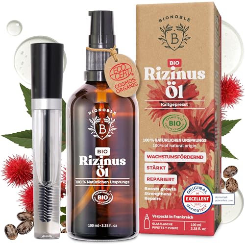 Bionoble Rizinusöl Bio 100ml - 100% Rein, Natürlich, Kaltgepresst - Wimpern, Augenbrauen, Haare, Bart, Nägel - Vegan, Cruelty Free - Castor Oil - Glasflasche + Pipette + Pumpe + Mascara Kit von BIONOBLE