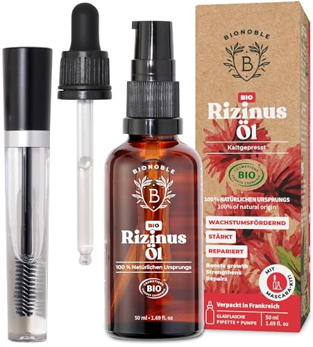Bionoble Rizinusöl Bio 50ml - 100% Rein, Natürlich, Kaltgepresst - Wimpern, Augenbrauen, Haare, Nägel - Vegan, Cruelty Free - Castor Oil - Glasflasche + Pipette + Pumpe + Mascara Kit von BIONOBLE