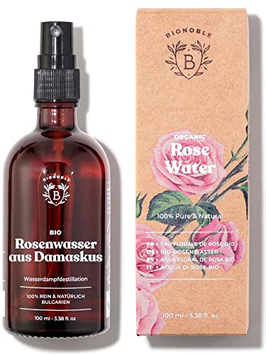 Bionoble Rosenwasser Bio 100ml - Hydrolat aus Damaszener-Rosen 100% Rein und Natürlich - Gesicht, Augenpartie, Körper, Haare - Rose Water - Glasflasche + Spray von BIONOBLE