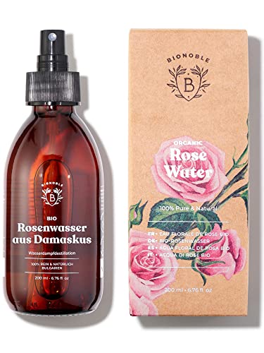Bionoble Rosenwasser Bio 200ml - Hydrolat aus Damaszener-Rosen 100% Rein und Natürlich - Gesicht, Augenpartie, Körper, Haare - Rose Water - Glasflasche + Spray von BIONOBLE