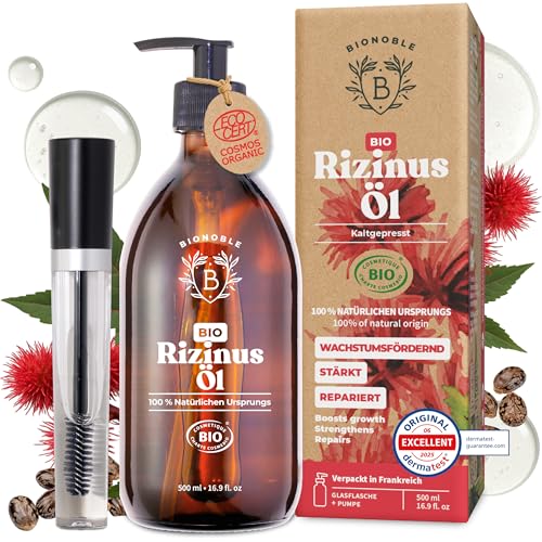 Bionoble Rizinusöl Bio 500ml - 100% Rein, Natürlich, Kaltgepresst - Wimpern, Augenbrauen, Haare, Bart, Nägel - Vegan und Cruelty Free - Castor Oil - Glasflasche + Pumpe + Mascara Kit von BIONOBLE