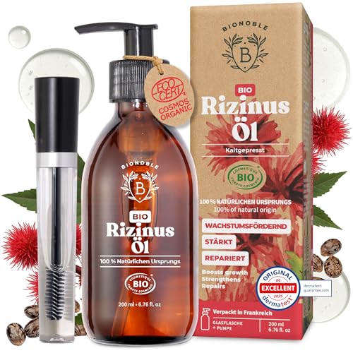 Bionoble Rizinusöl Bio 200ml - 100% Rein, Natürlich, Kaltgepresst - Wimpern, Augenbrauen, Haare, Bart, Nägel - Vegan und Cruelty Free - Castor Oil - Glasflasche + Pumpe + Mascara Kit von BIONOBLE