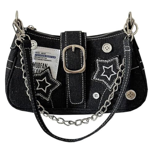 BIOSA Damen Casual Clutch Handtasche Große Kapazität Y2K Star Denim Unterarmtasche Mode Umhängetasche Einfarbig Chic Hobo Kettentasche von BIOSA