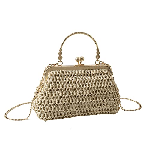 BIOSA Damen Stroh Clutch Tasche, Klein Stroh Geldbörse Stroh Crossbody Schultertasche Stroh Abendtasche Boho Kette Straw Bag Gewebte Tasche mit Ketten Handgeldbörse von BIOSA