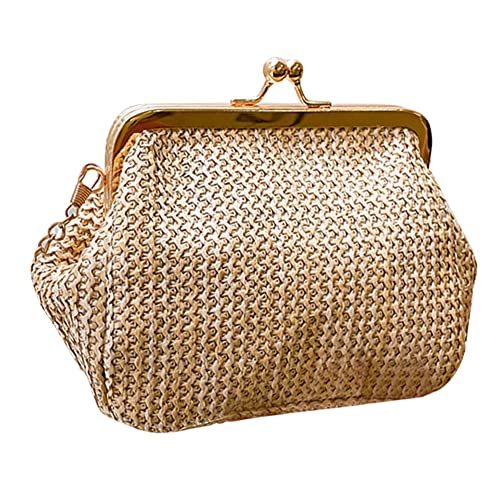 BIOSA Damen Stroh Clutch Tasche, Klein Stroh Geldbörse Stroh Crossbody Schultertasche Stroh Abendtasche Boho Kette Straw Bag Gewebte Tasche mit Ketten Handgeldbörse von BIOSA