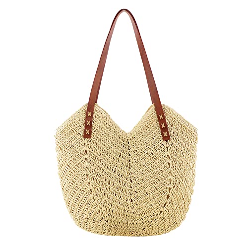 BIOSA Frauen Straw Tote Bag, Sommer Strandtasche Umhängetasche Damen Groß Handtasche Schultertasche Mit Ledergriffe Handgewebt Crossbody Tasche for Frauen Reisen Shopper von BIOSA