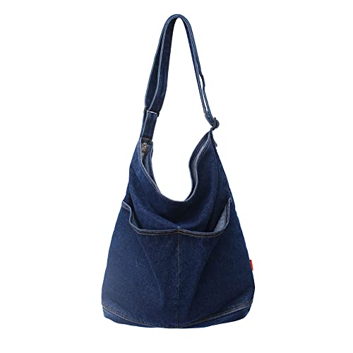 BIOSA Jeans Canvas Crossbody Bag Damen, Vintage Große Kapazität Schultertasche mit mehrere Taschen for Outdoor Schule Einkaufen Hellblau & Dunkelblau von BIOSA