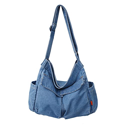 BIOSA Jeans Canvas Crossbody Bag Damen, Vintage Große Kapazität Schultertasche mit mehrere Taschen for Outdoor Schule Einkaufen Hellblau & Dunkelblau von BIOSA