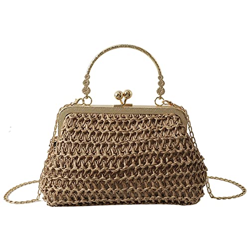 BIOSA Kette Gras Gewebte Tasche, Sommer Boho Damen Stroh Clutch Tasche, Elegante Stroh Handgeldbörse Kette Straw Bag Gewebte Tasche mit Ketten Handgeldbörse von BIOSA