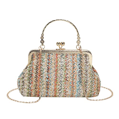 BIOSA Kette Gras Gewebte Tasche, Sommer Boho Damen Stroh Clutch Tasche, Elegante Stroh Handgeldbörse Kette Straw Bag Gewebte Tasche mit Ketten Handgeldbörse von BIOSA