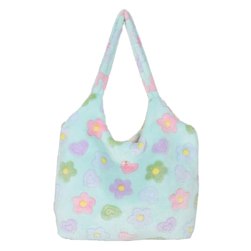 BIOSA Niedliche pelzige Hobo-Tasche for Damen, Blumenmuster, vielseitige Einkaufstasche, große Kapazität, einfache Plüschtasche, weiche weibliche Reisetasche von BIOSA