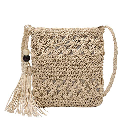 BIOSA Strand Geflecht Tasche Damen Retro Strohtasche Umhängetasche Mädchen Häkeln Taschen Sommer Quasten for Urlaub Camping Picknick Täglichen Einkauf von BIOSA