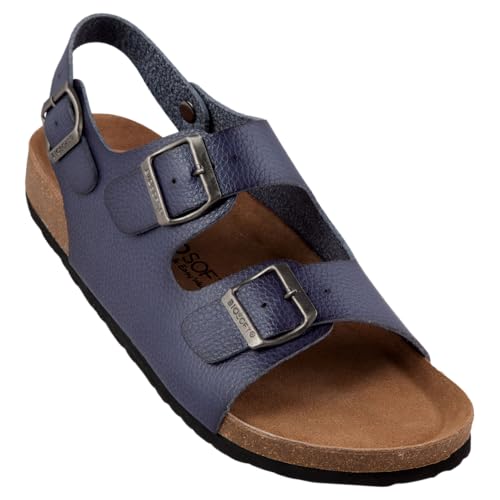 Biosoft Herren Sandalen Leder Optik Größe 43 LARS blau | Herrensandalen mit Fußbett offen Gummisohle rutschfest | Slippersandalen Sandalen Herren | Schlappen Herren Kork von BIOSOFT Comfort & Easy Walk