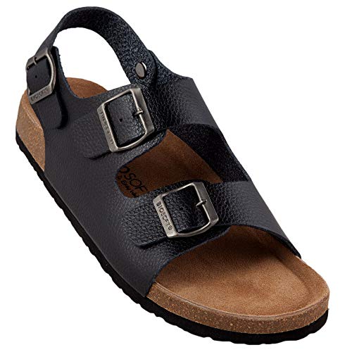 Biosoft Herren Sandalen Leder Optik Größe 45 LARS schwarz | Herrensandalen mit Fußbett offen Gummisohle rutschfest | Slippersandalen Sandalen Herren | Schlappen Herren Kork von BIOSOFT Comfort & Easy Walk