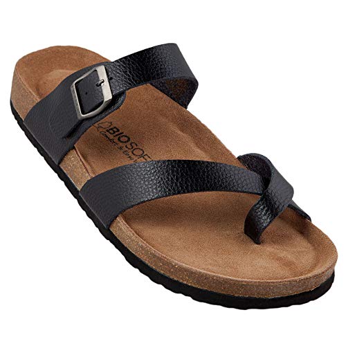 Biosoft Herren Sandalen Zehentrenner Leder Optik Größe 44 KAI schwarz | Herrensandalen mit Fußbett offen Gummisohle rutschfest | Slippersandalen Sandalen Herren | Schlappen Herren Kork von BIOSOFT Comfort & Easy Walk