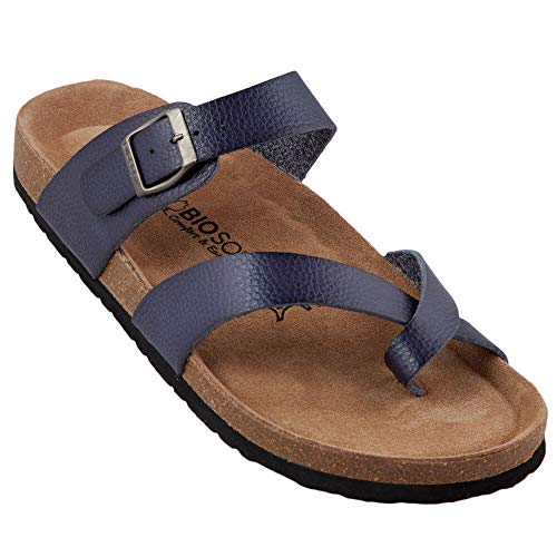 Biosoft Herren Sandalen Zehentrenner Leder Optik Größe 45 KAI blau | Herrensandalen mit Fußbett offen Gummisohle rutschfest | Slippersandalen Sandalen Herren | Schlappen Herren Kork von BIOSOFT Comfort & Easy Walk