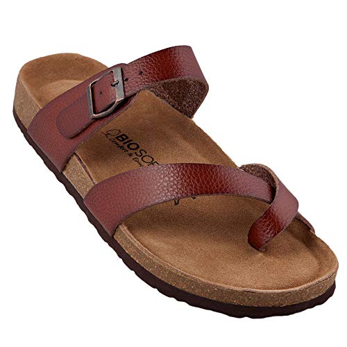 Biosoft Herren Sandalen Zehentrenner Leder Optik Größe 47 KAI braun | Herrensandalen mit Fußbett offen Gummisohle rutschfest | Slippersandalen Sandalen Herren | Schlappen Herren Kork von BIOSOFT Comfort & Easy Walk